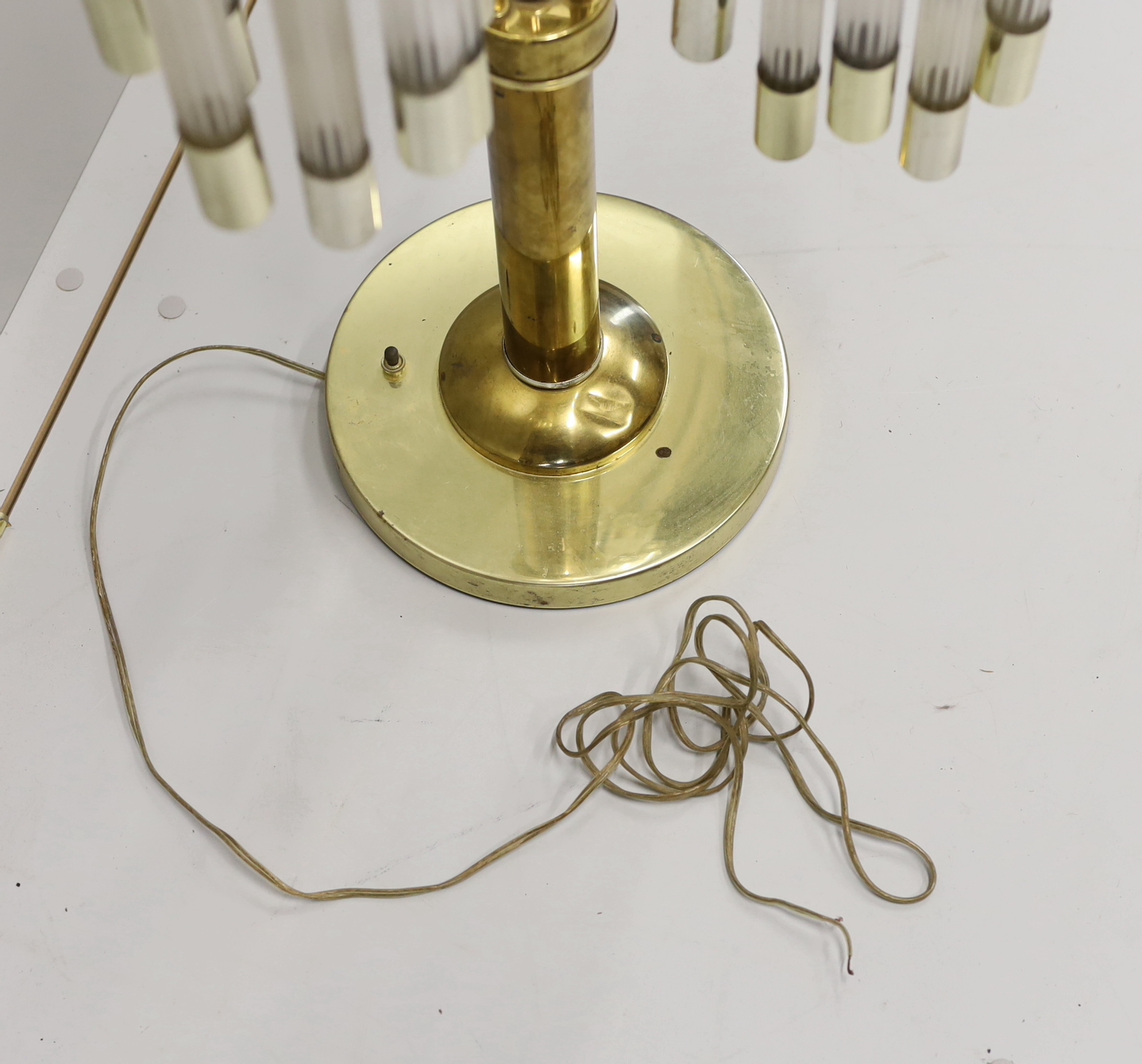 A contemporary brass and perspex three branch table lamp, height 91cm